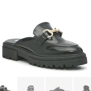 Black chunky heel loafers